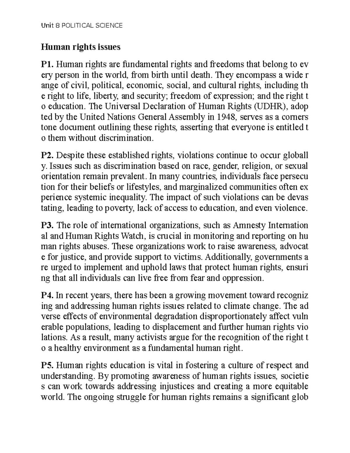 Unit 8 POLITICAL SCIENCE Human Rights Issues Overview and Key Concepts ...
