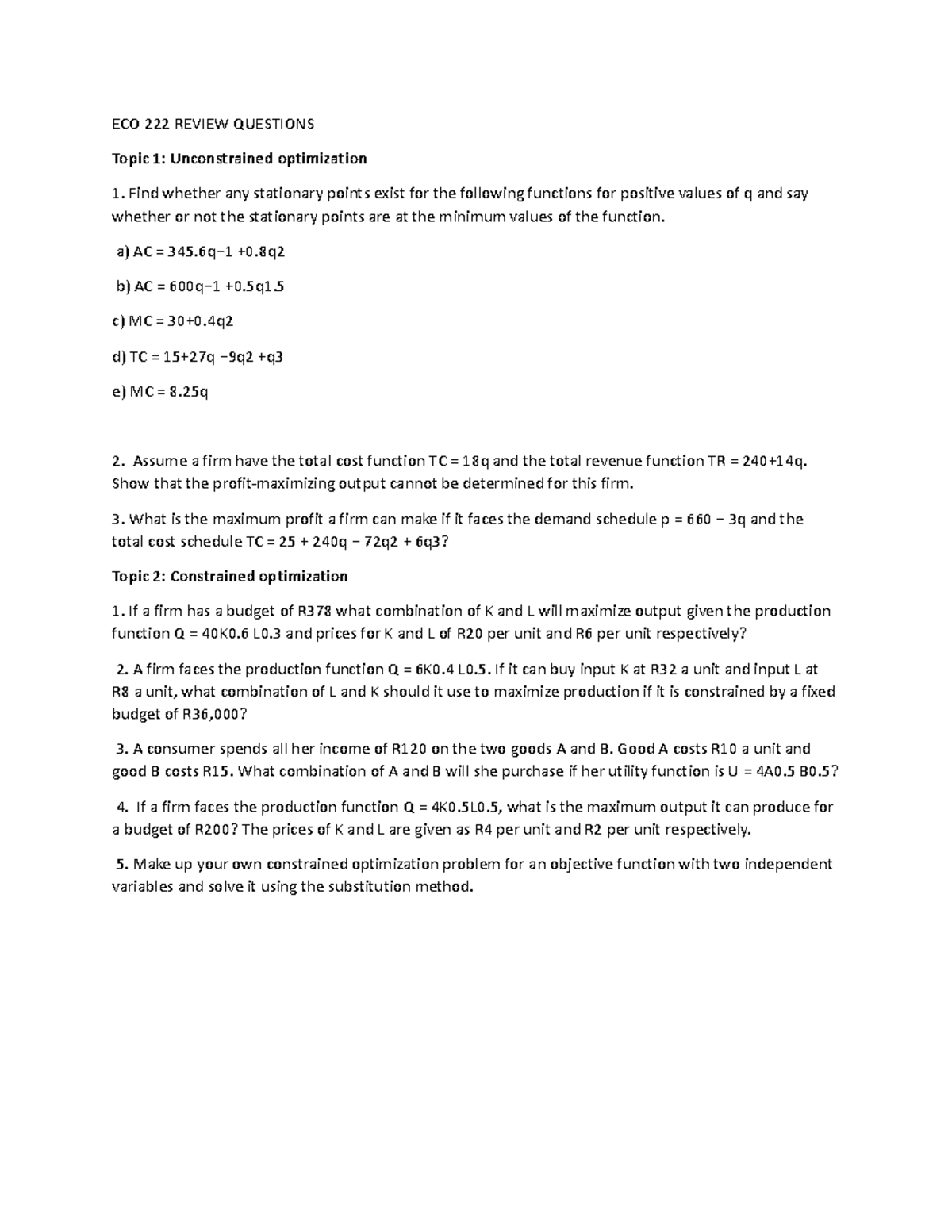 ECO 222 Midterm Review Questions on Optimization Techniques - Studocu