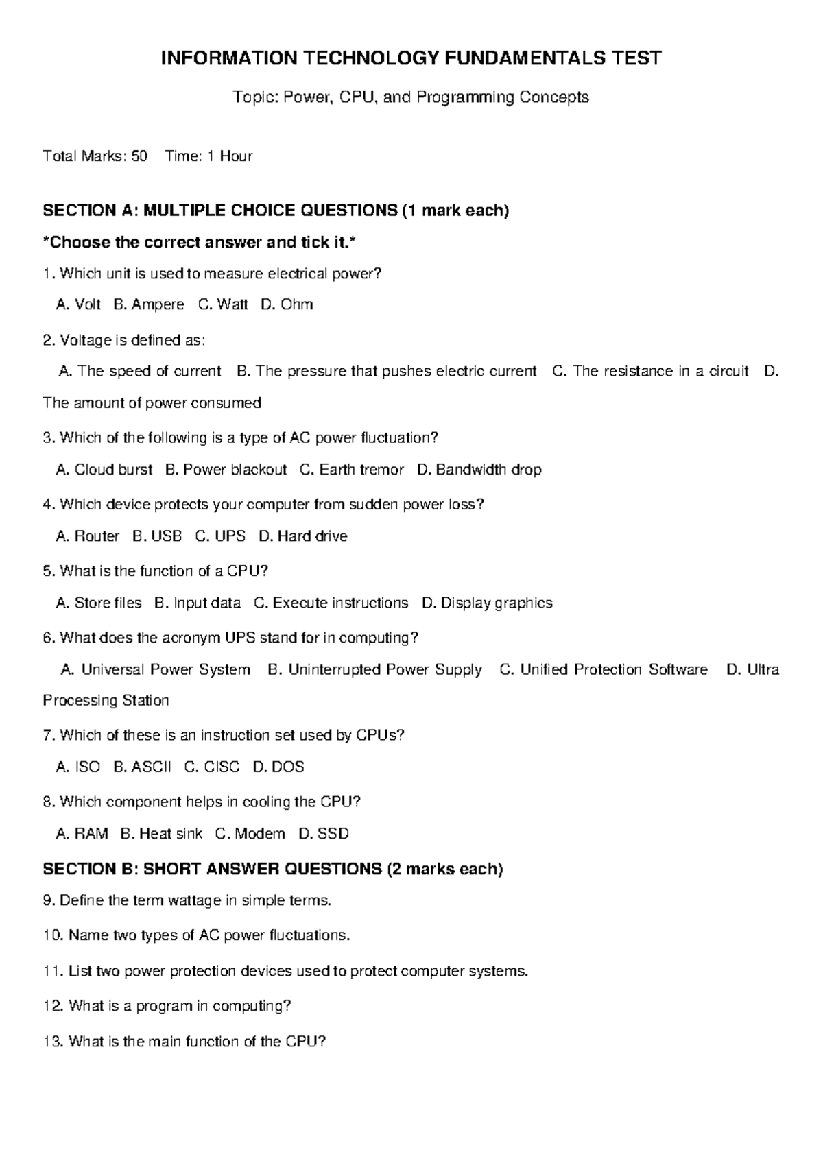 ITF 101: Power, CPU, and Programming Concepts Test Questions - Studocu