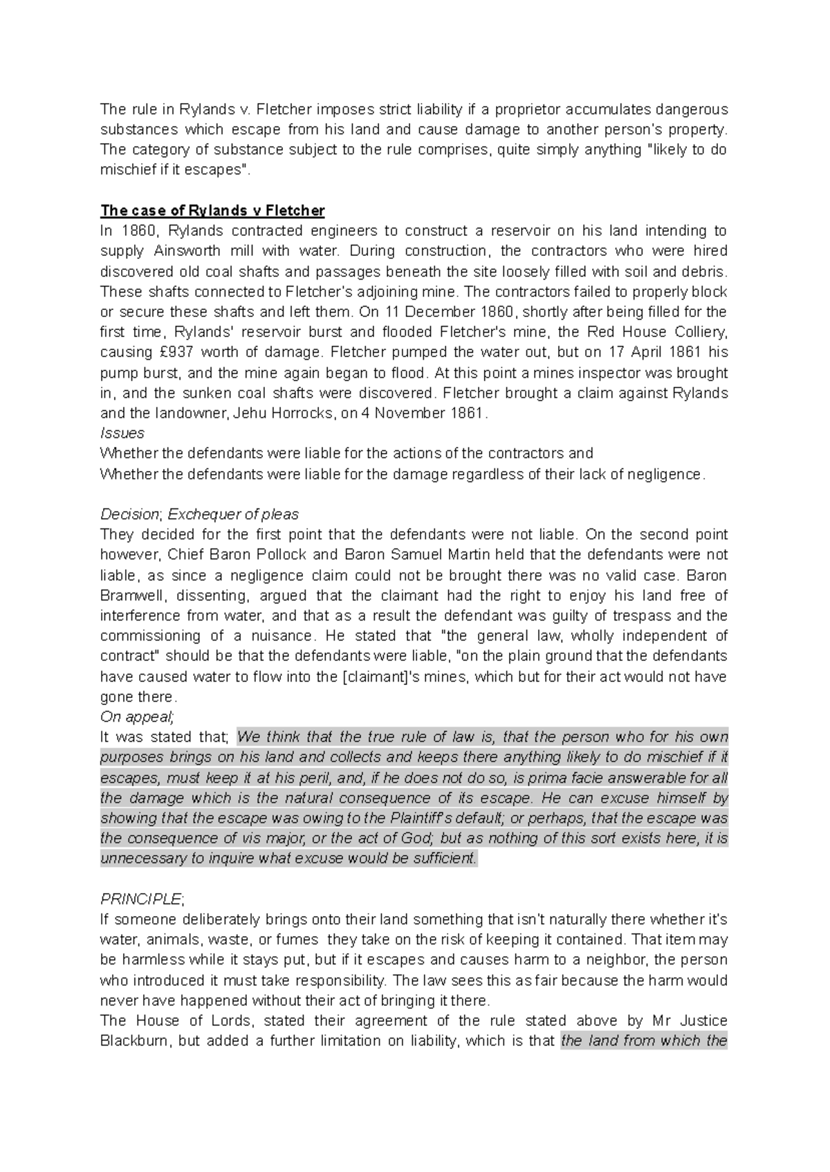 The Rule in Rylands v. Fletcher: Strict Liability Explained - Studocu