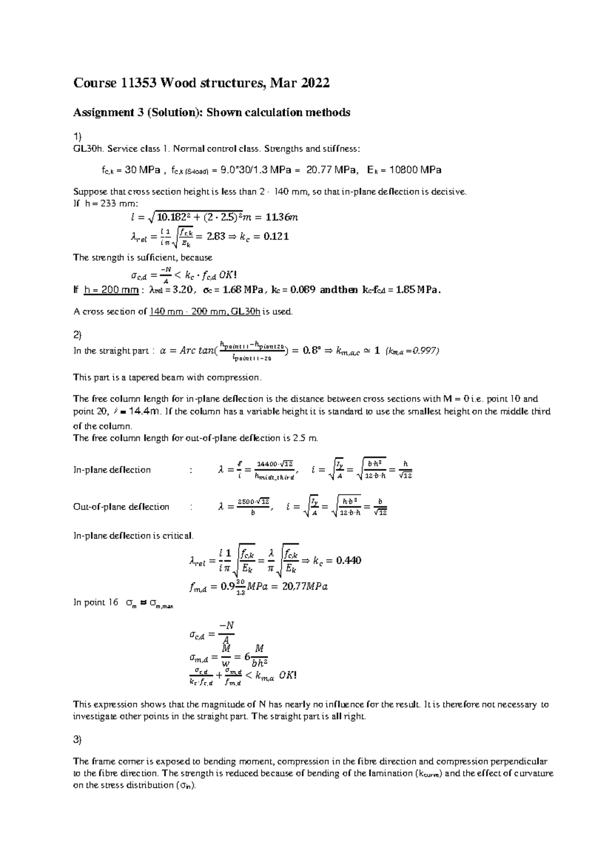 Assignment 3 Solution - Course 11353 Wood structures, Mar 2022 ...