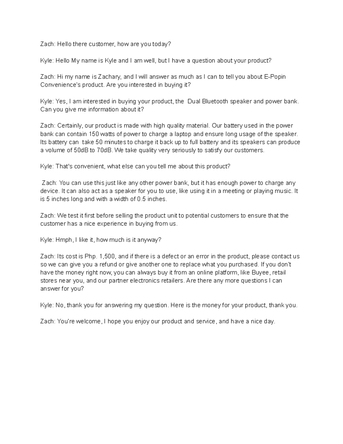 Personal Selling Script: E-Popin Dual Bluetooth Speaker Overview - Studocu