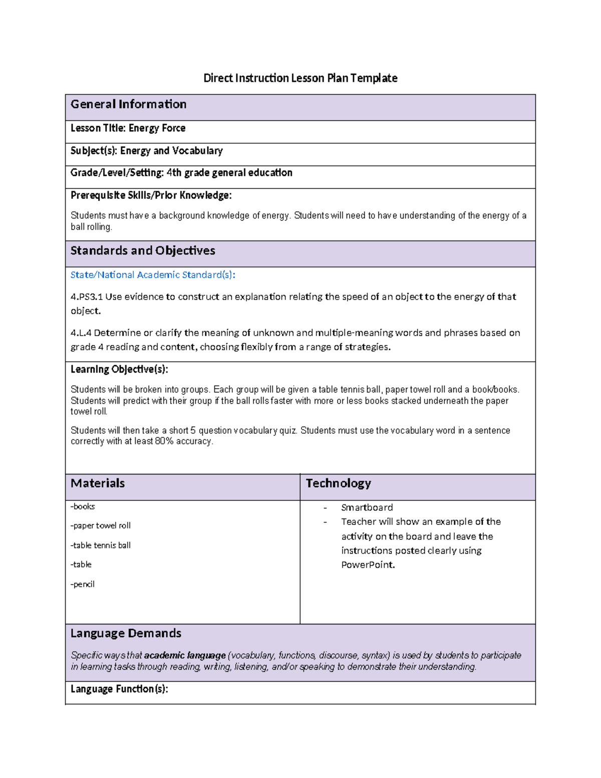 Direct instruction task 1 - Direct Instruction Lesson Plan Template ...