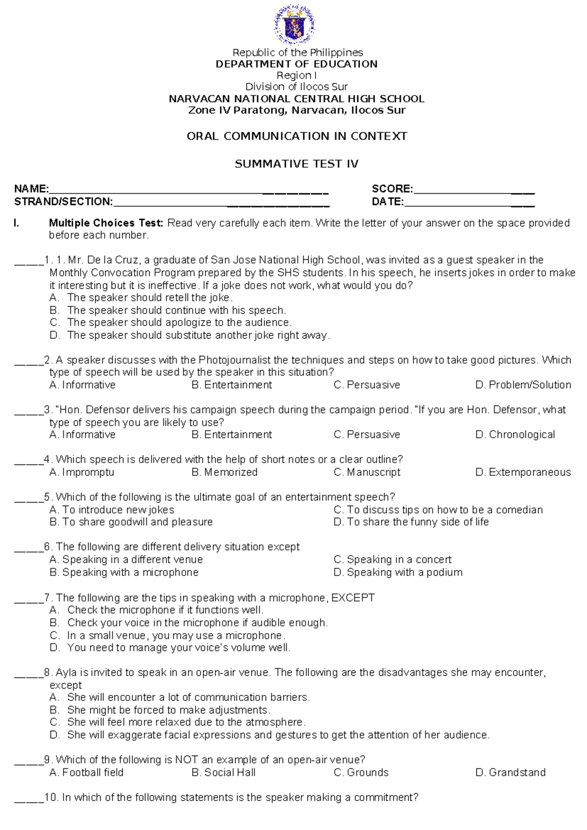 Q2 - Oral Communication in Context: Summative Test IV - Studocu