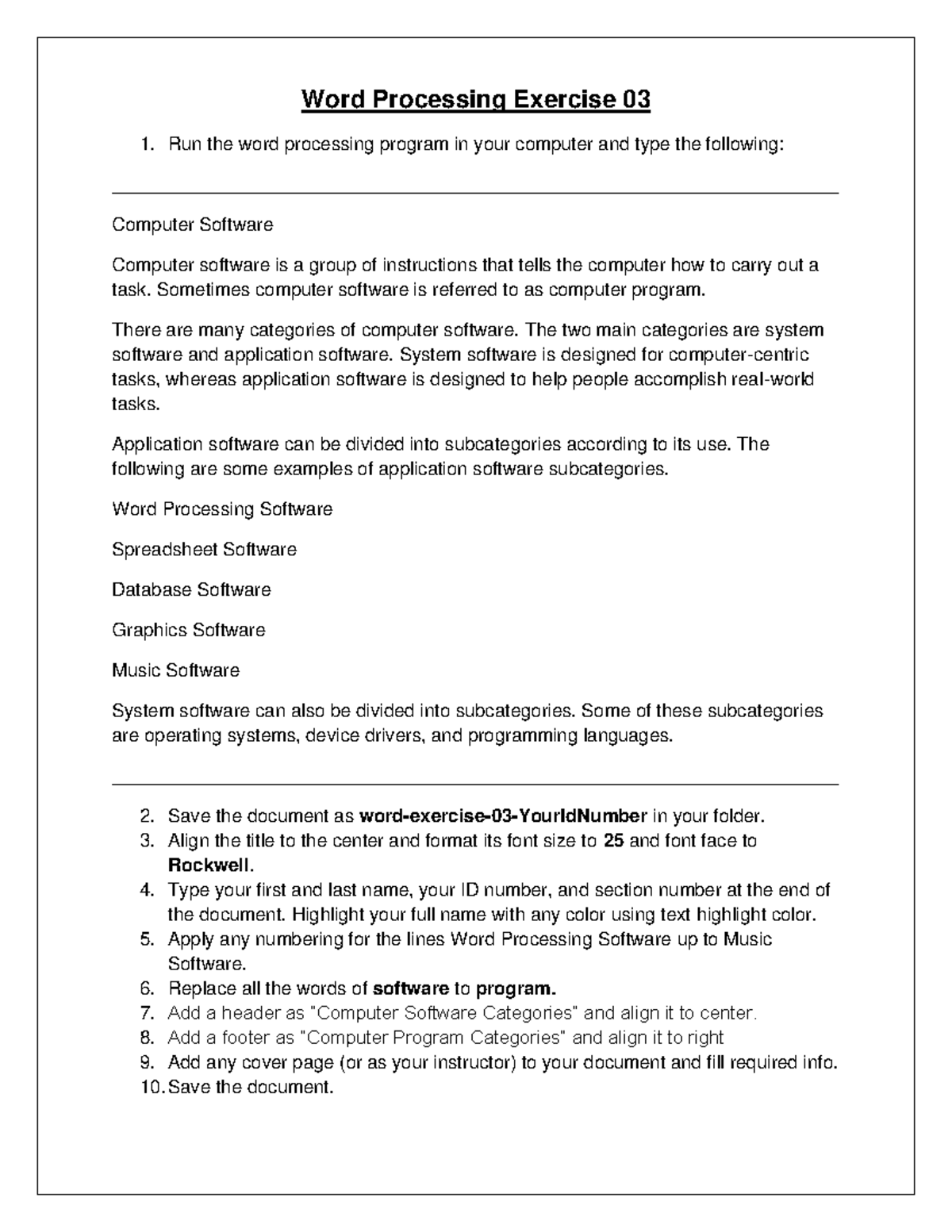 Word Processing Exercise 03: Understanding Software Categories - Studocu