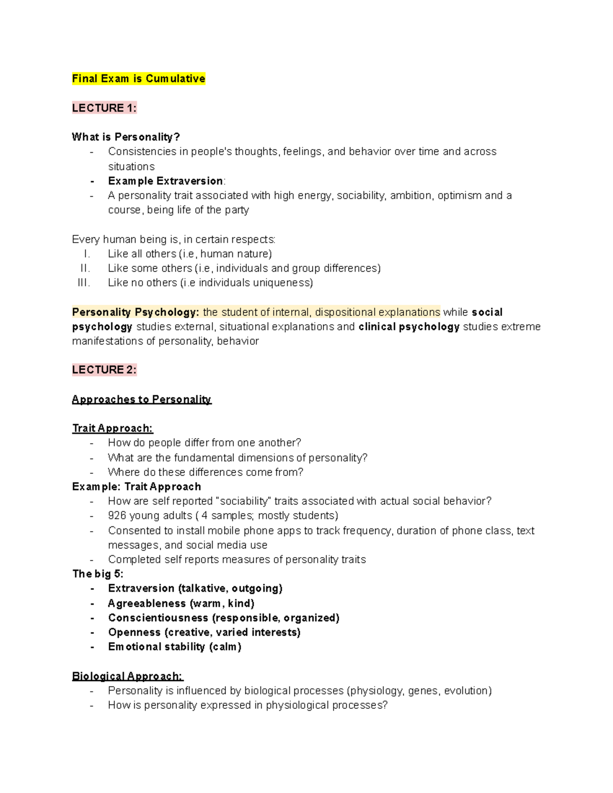 Psych 290 Notes - Midterm 1 Review on Personality Theories and Traits - Document Preview