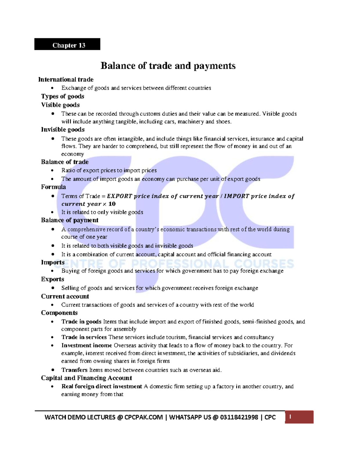 CPC PRC-3 CHAP-13 Notes - Chapter 13 International trade Balance of
