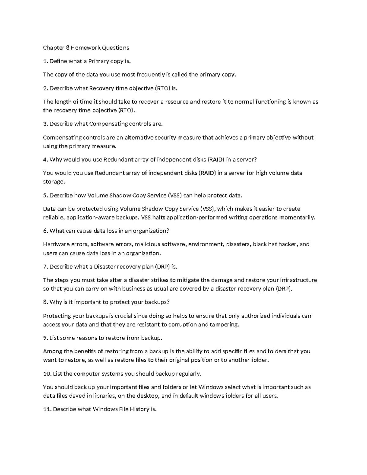 Chapter 8 Homework Questions: Data Backup & Recovery Concepts - Studocu