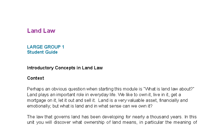 Land Law LARGE GROUP 1: Introductory Concepts and Ownership - Studocu