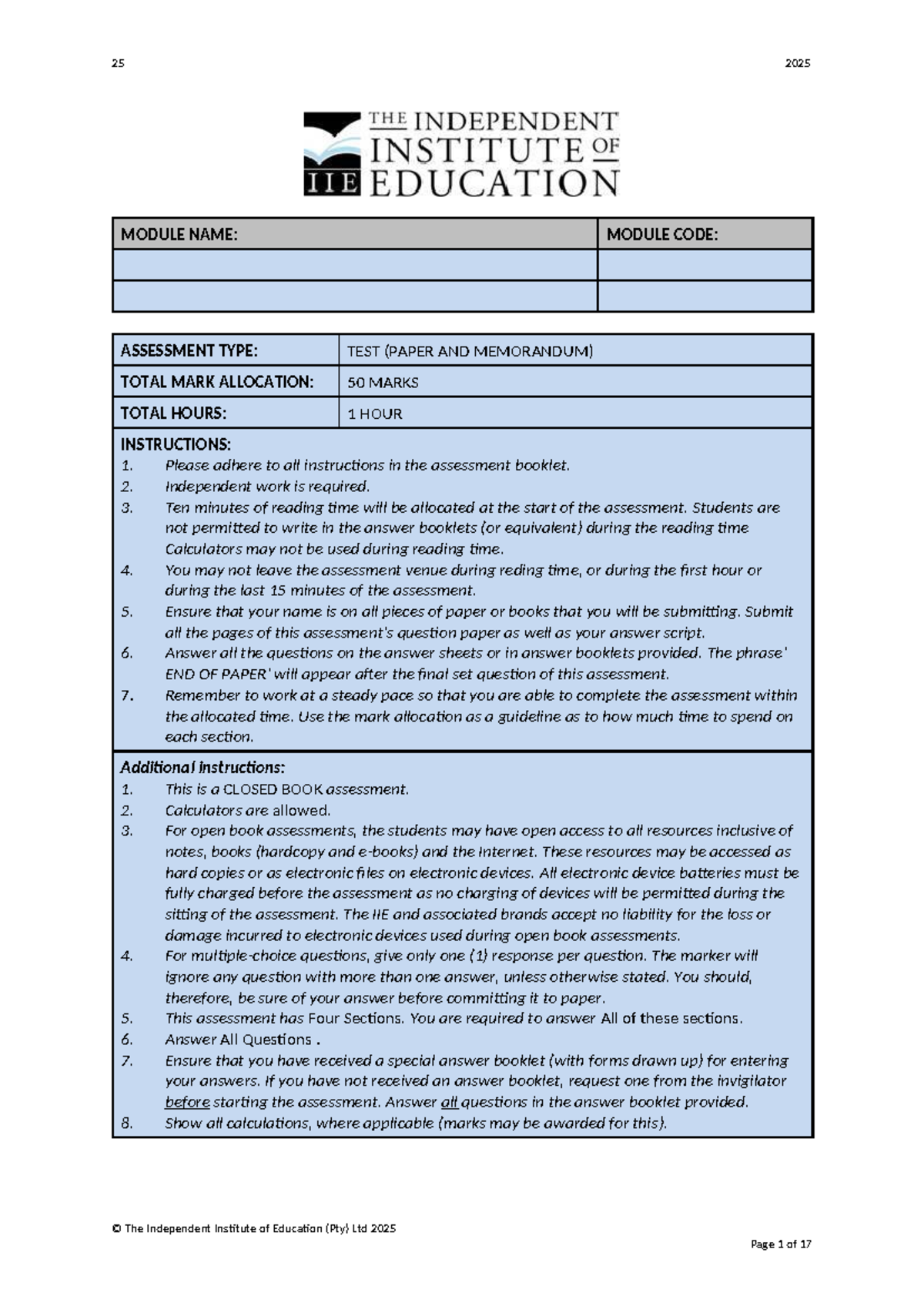 Mock Test 2025 - Assessment Guidelines and Instructions - Studocu