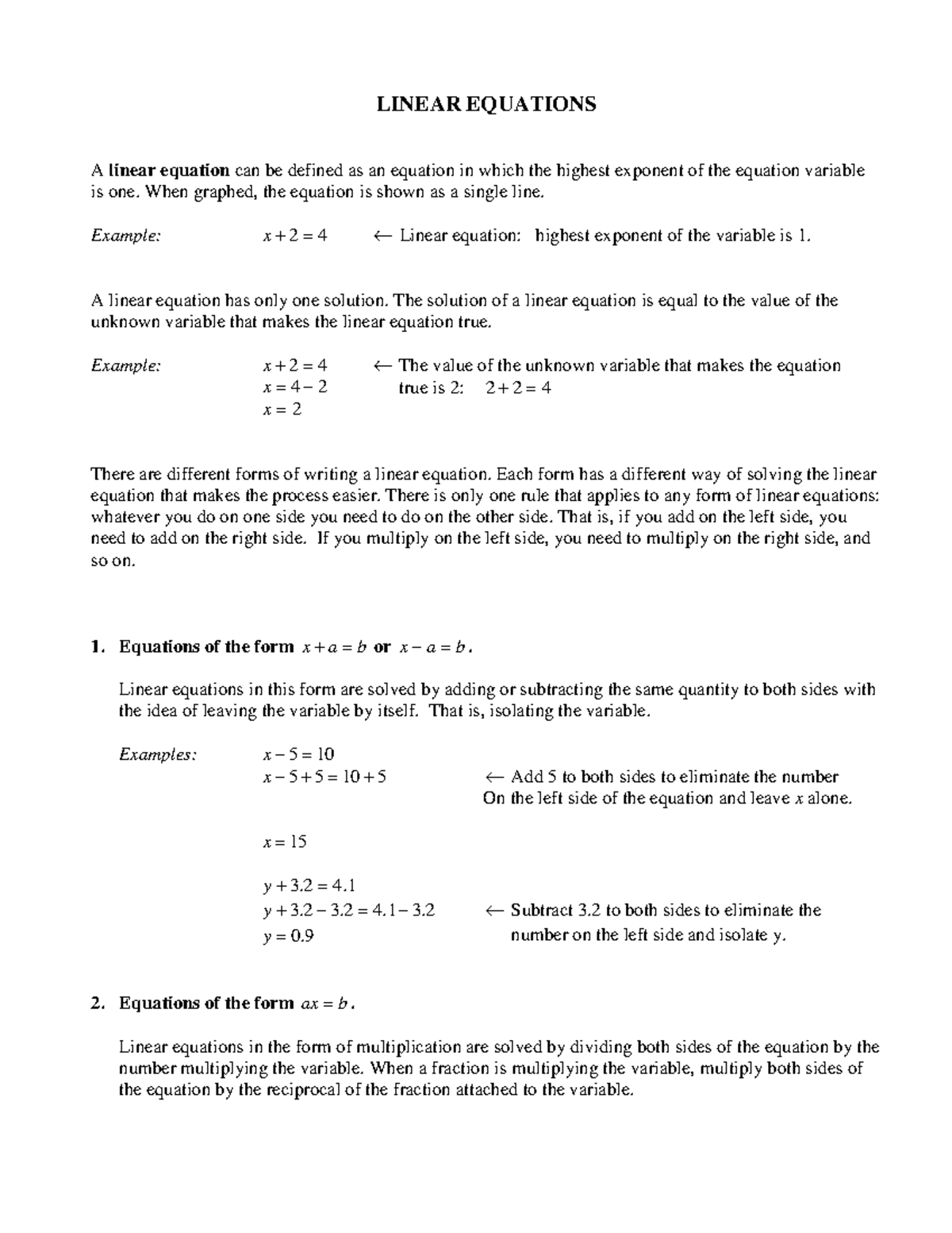 Linear Equations Concepts and Exercises - Worksheet - Studocu