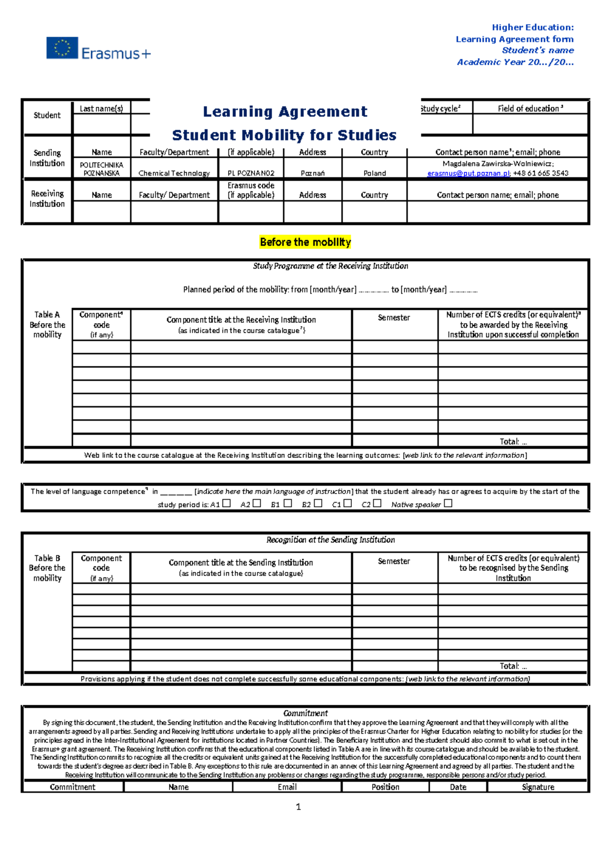 Learning Agreement Template for Erasmus Mobility (POLITECHNIKA ...