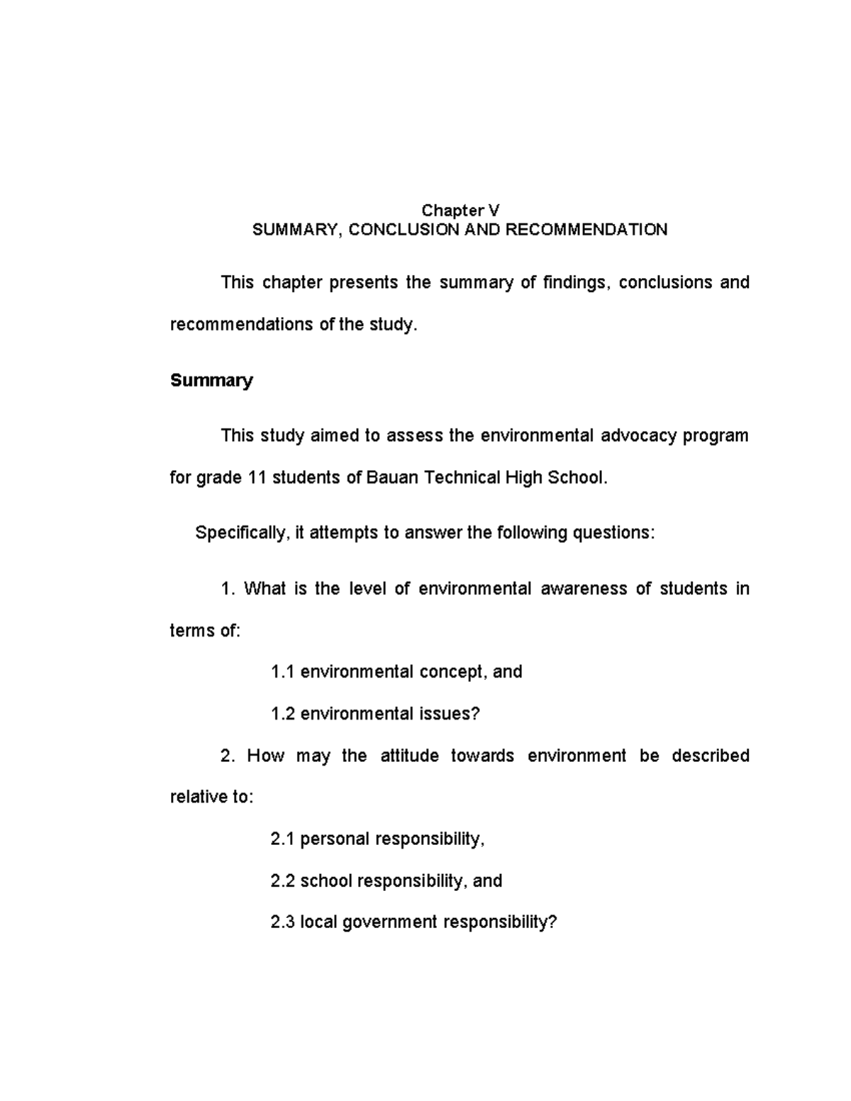 PRACTICAL RESEARCH CHAP 5 - Chapter V SUMMARY, CONCLUSION AND ...