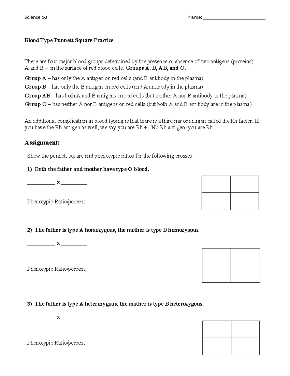 Blood Types Punnett Square Problems - Science 10 Practice - Studocu