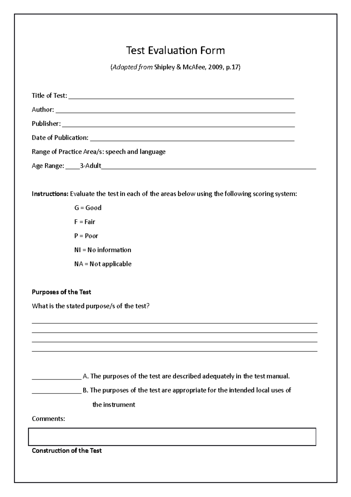 Test Evaluation Form: Speech & Language Assessment Guide - Studocu