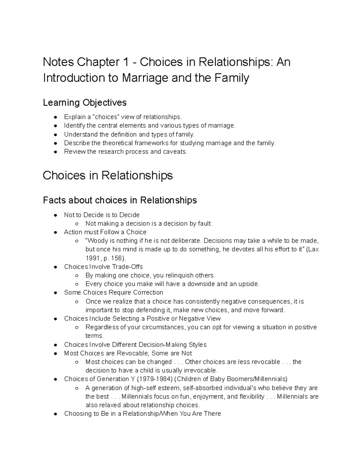 Notes CH 1: Choices in Relationships - Intro to Marriage & Family - Studocu