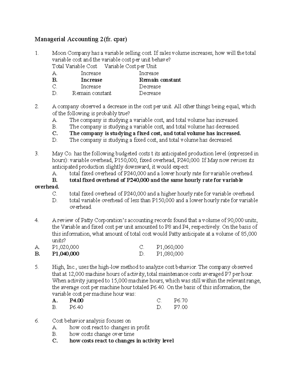 Managerial Accounting 2: Test Bank for MGT ACCTG 2 - Chapter Practice ...