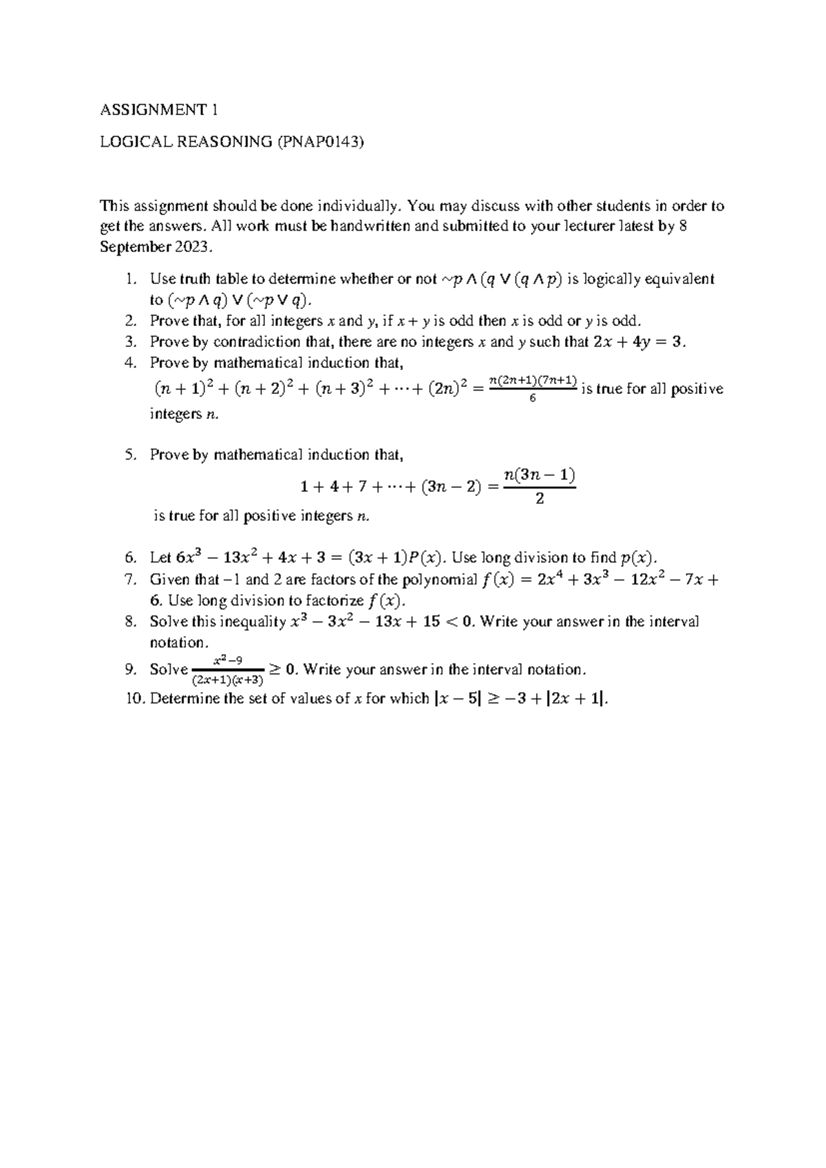 Assignment 1 (PNAP0143): Introduction to Logical Reasoning Proofs - Studocu