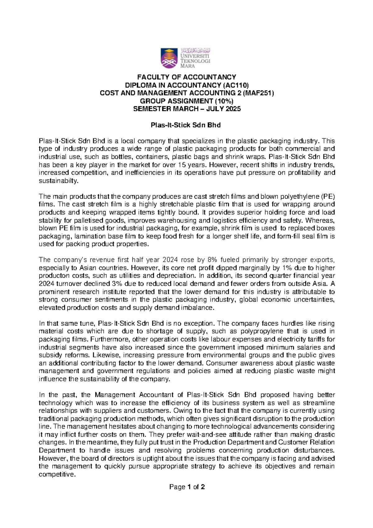 MAF251 Group Assignment: Cost & Management Accounting Analysis 2025 ...