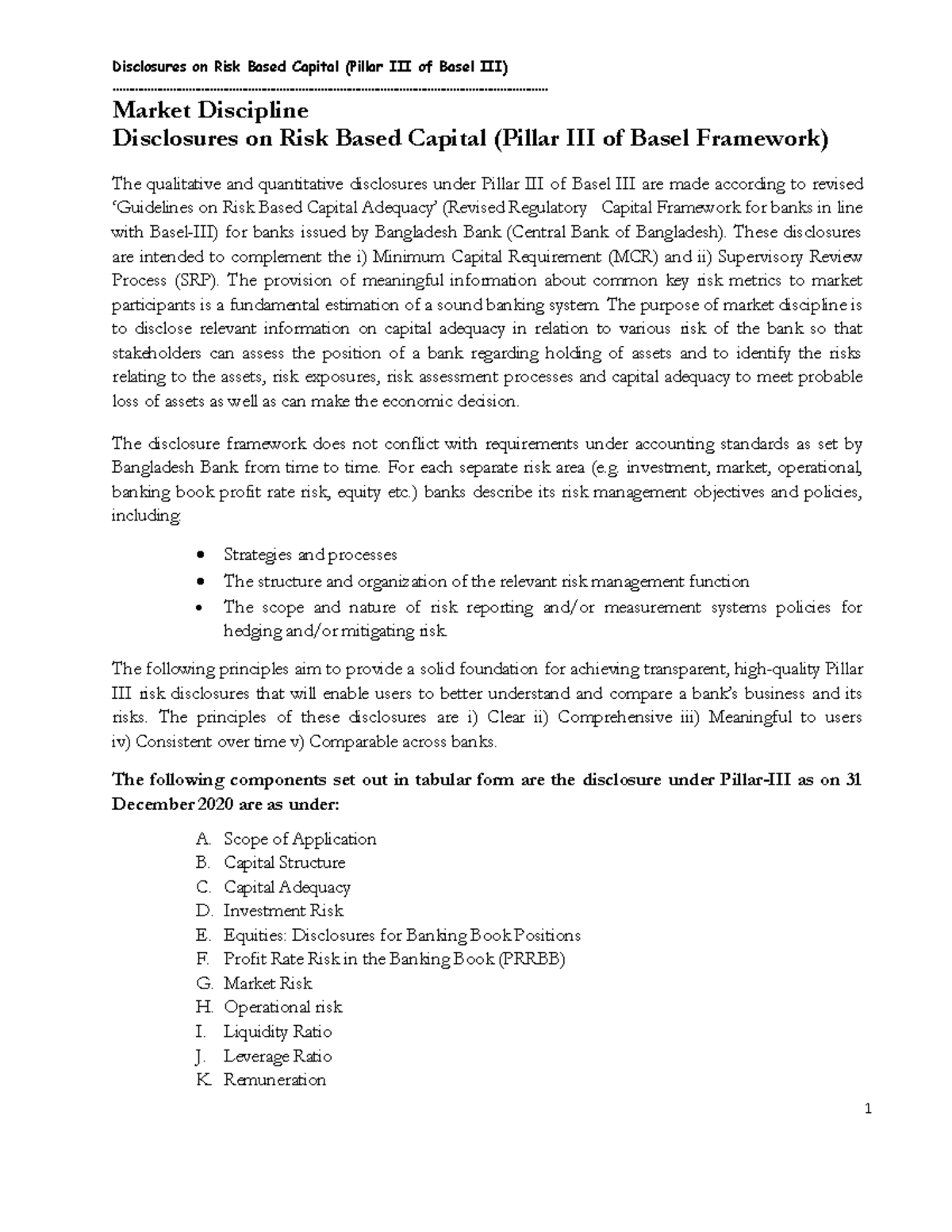 Disclosures on Risk Based Capital (Basel III) - 2020 Report - Studocu