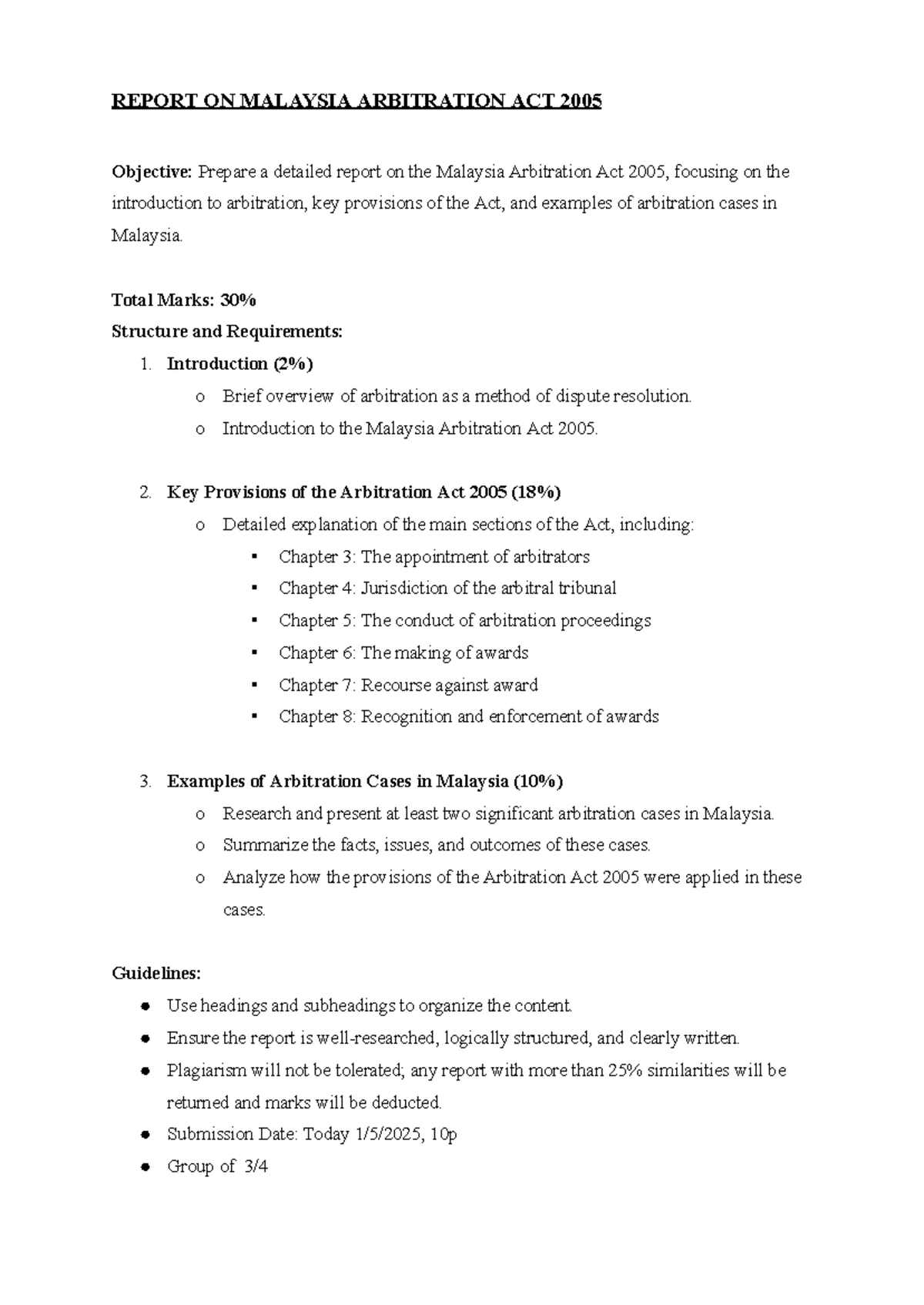 REPORT ON MALAYSIA ARBITRATION ACT 2005: KEY PROVISIONS & CASES - Studocu