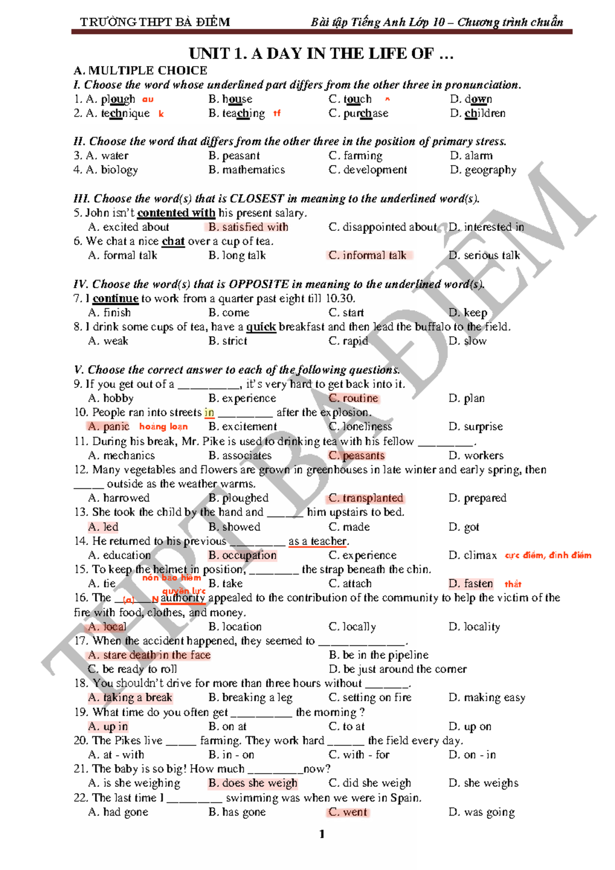 Bài Tập Tiếng Anh Lớp 10 - UNIT 1: A DAY IN THE LIFE OF A - Studocu