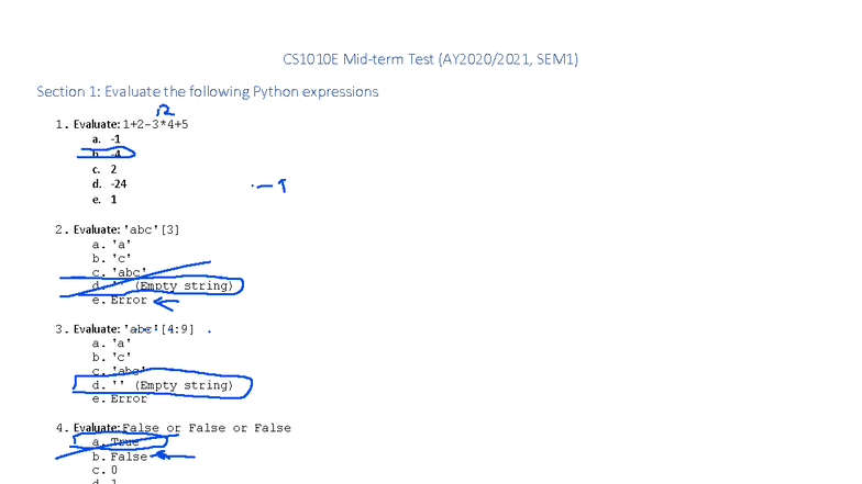 CS1010E Test SEM1: Python Expression Evaluation Questions - Studocu