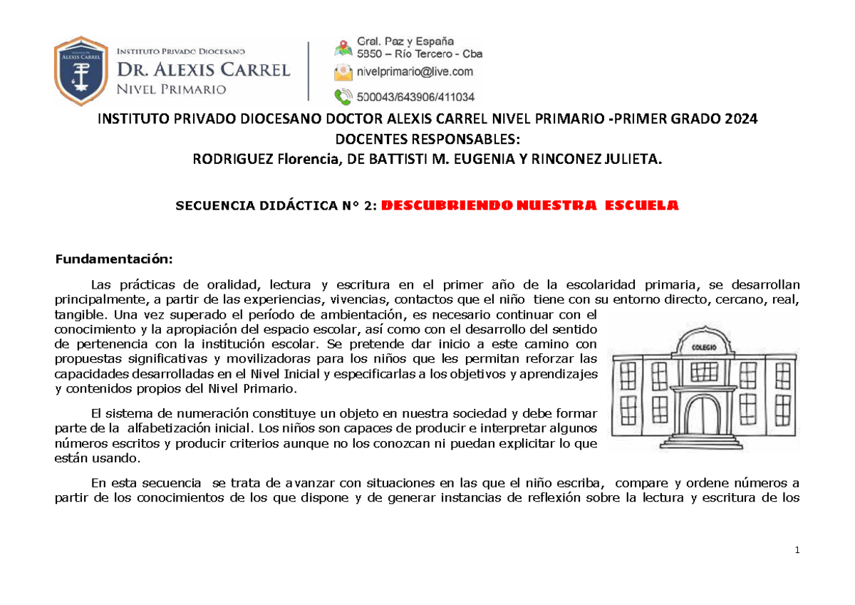 Secuencia Didáctica 2: Descubriendo Nuestra Escuela - Grado 2024 - Studocu
