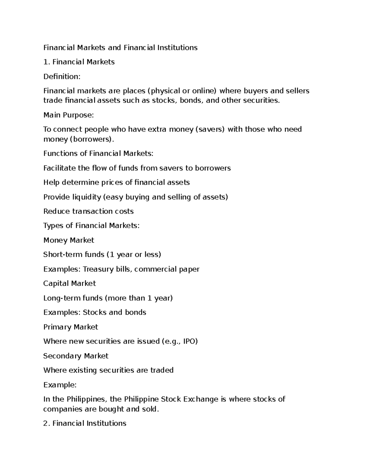 FinMar 1: Overview of Financial Markets & Institutions - Studocu