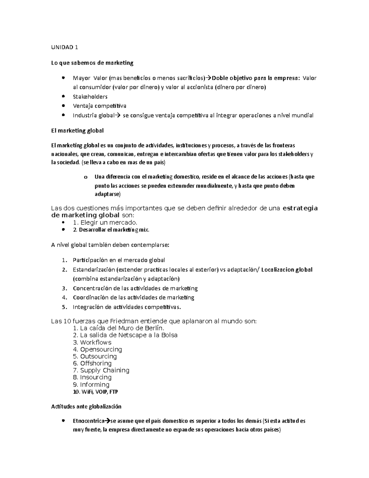Resumen Marketing Global Completo - UNIDAD 1 Lo que sabemos de ...