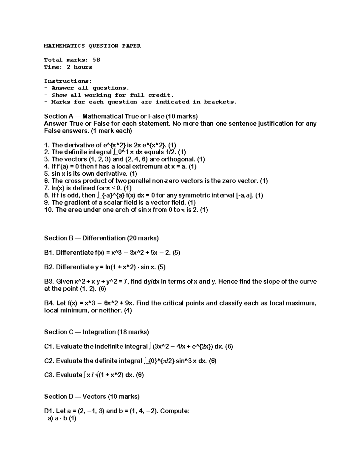 MAT 101: Mathematics Question Paper with Memo - Studocu