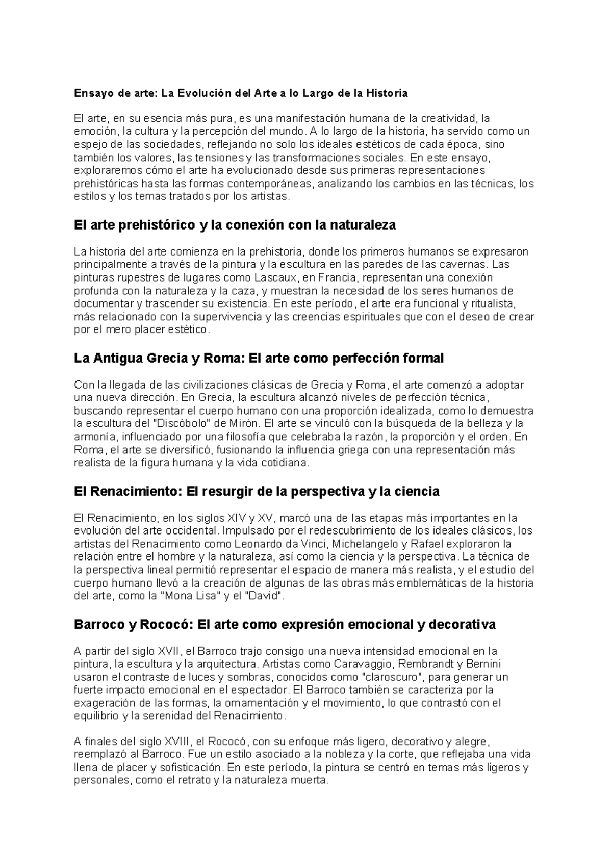 Ensayo de arte La Evolución del Arte a lo Largo de la Historia - A lo ...