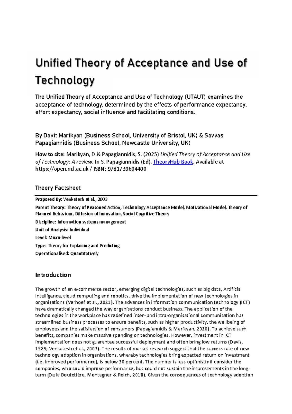 UTAUT: Unified Theory of Acceptance and Use of Technology Overview ...