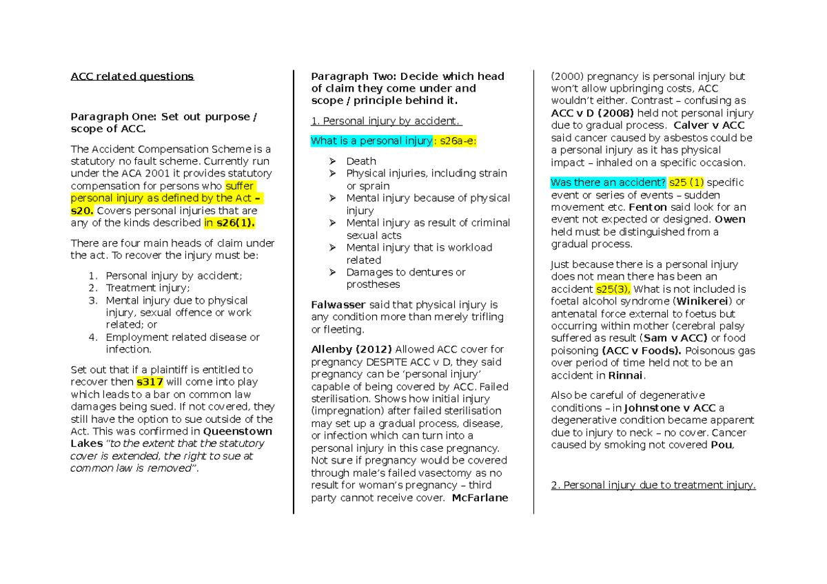ACC Personal Injury Claims Overview - NZLPE Study Guide - Studocu