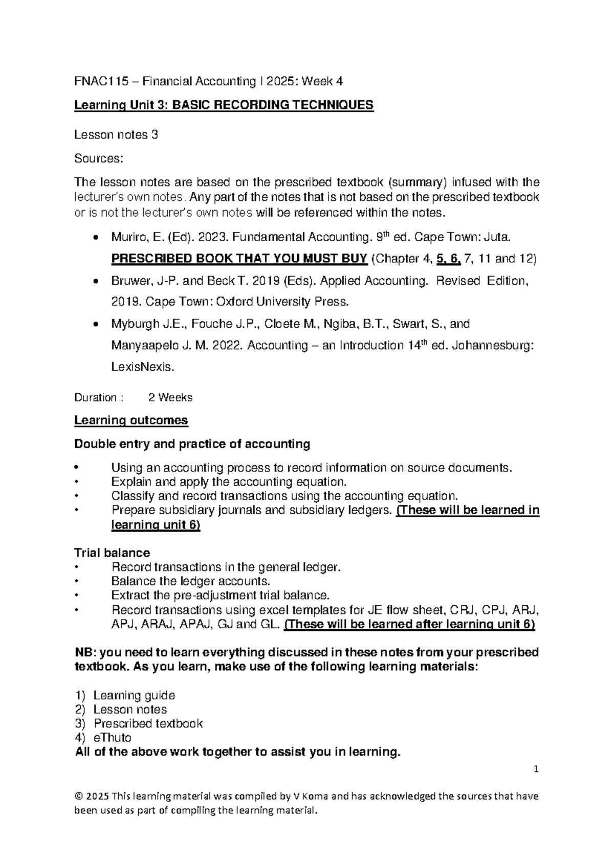 FNAC115 Learning Unit 3 Lesson Notes 3 2025 Student Notes - 1 © 202 5 ...