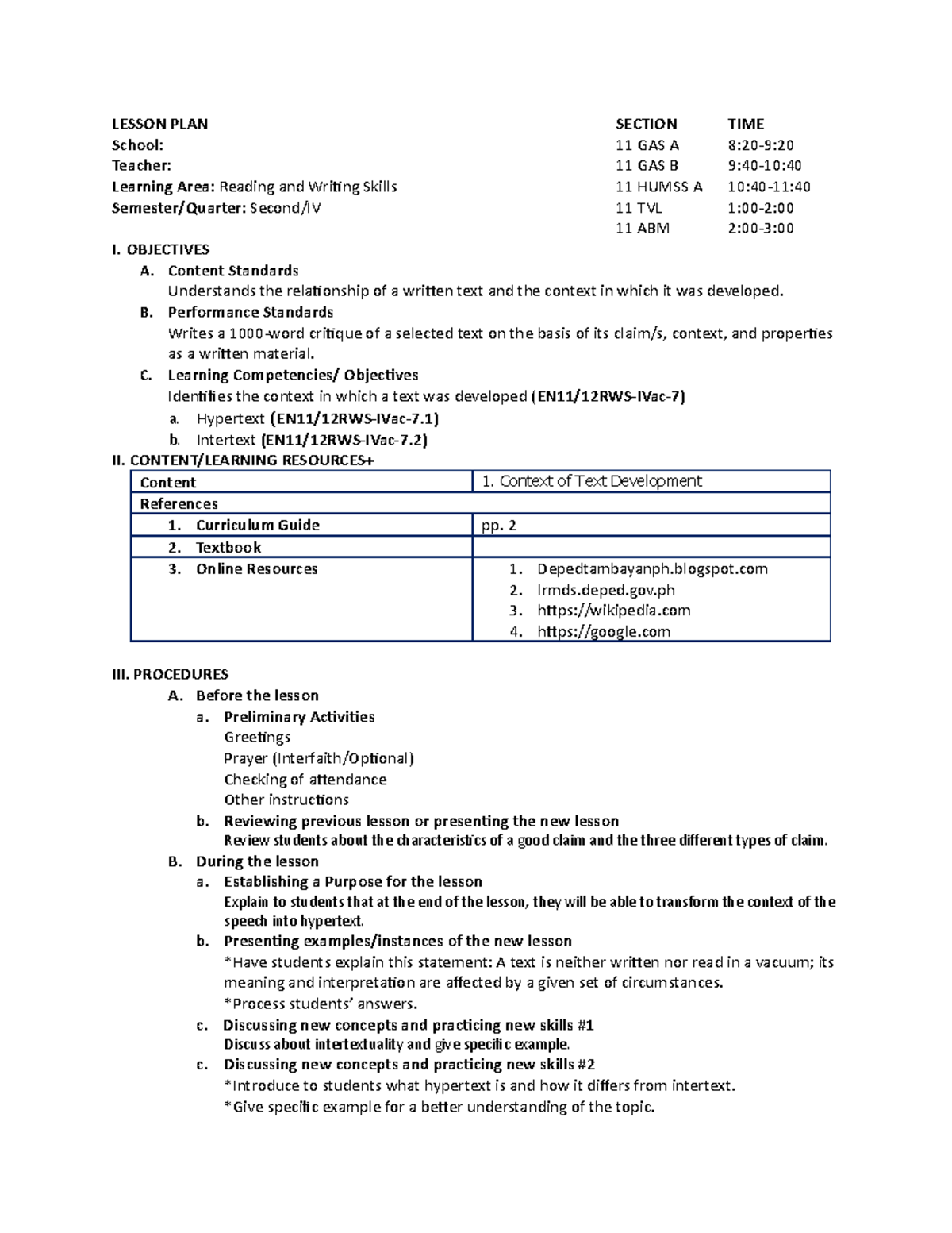 hypertext and intertext - LESSON PLAN SECTION TIME School: 11 GAS A 8: ...