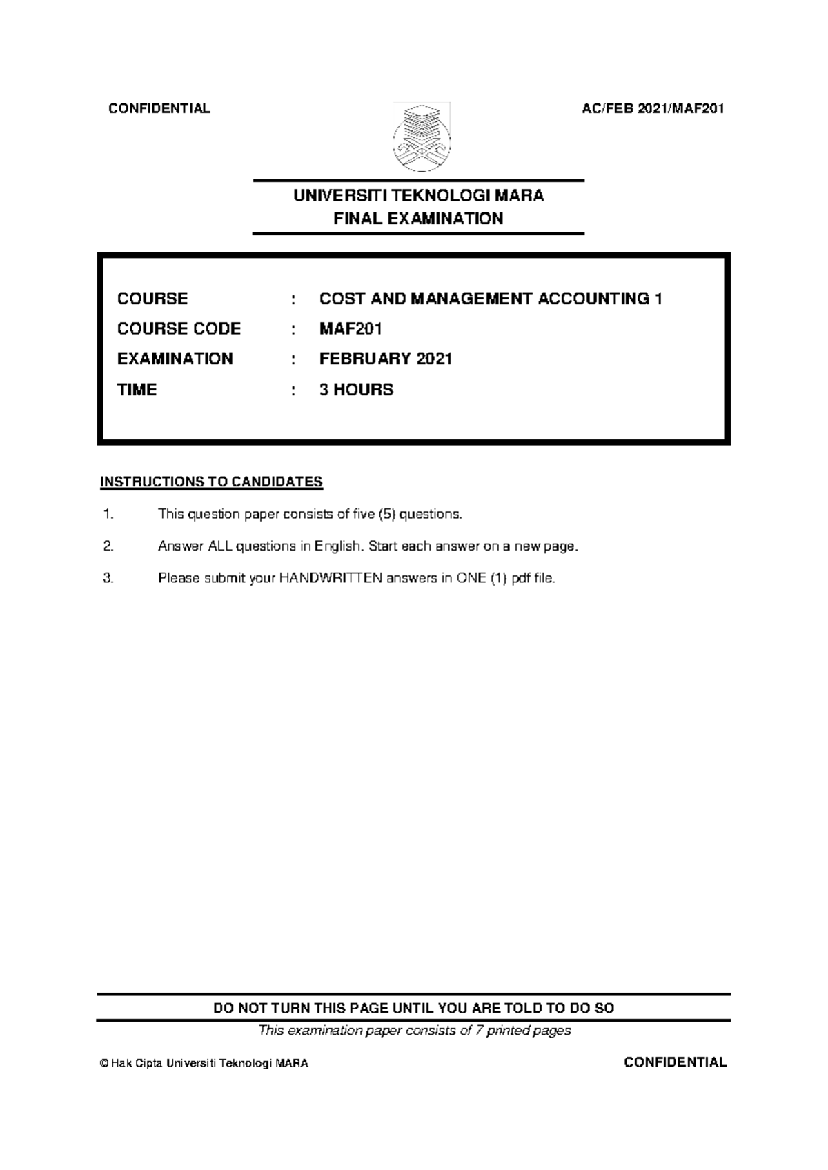 Cost & Management Accounting 1: MAF201 Final Exam Paper 2021-2023 - Studocu