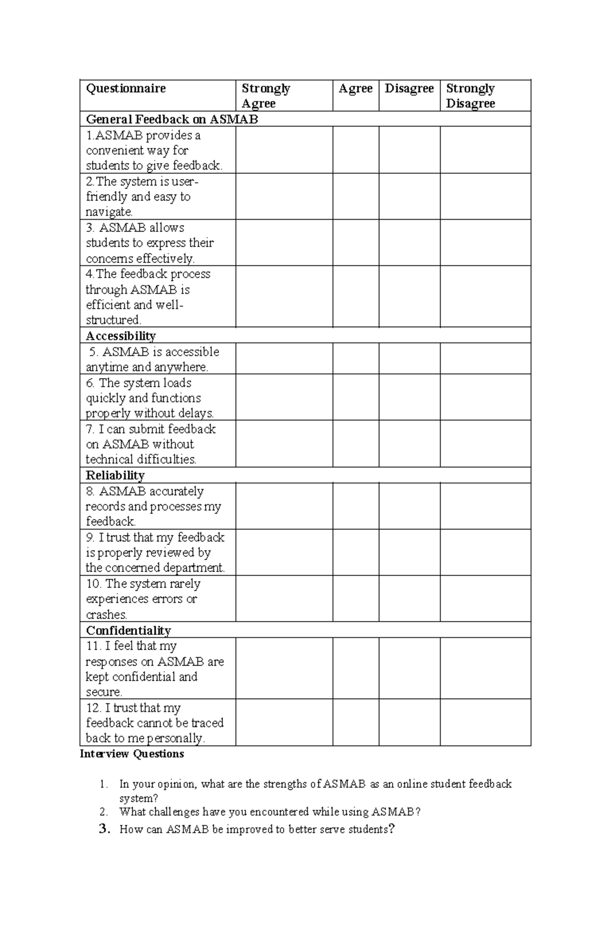 HSGDFKK Questionnaire 3III'S: Student Feedback on ASMAB Evaluation ...