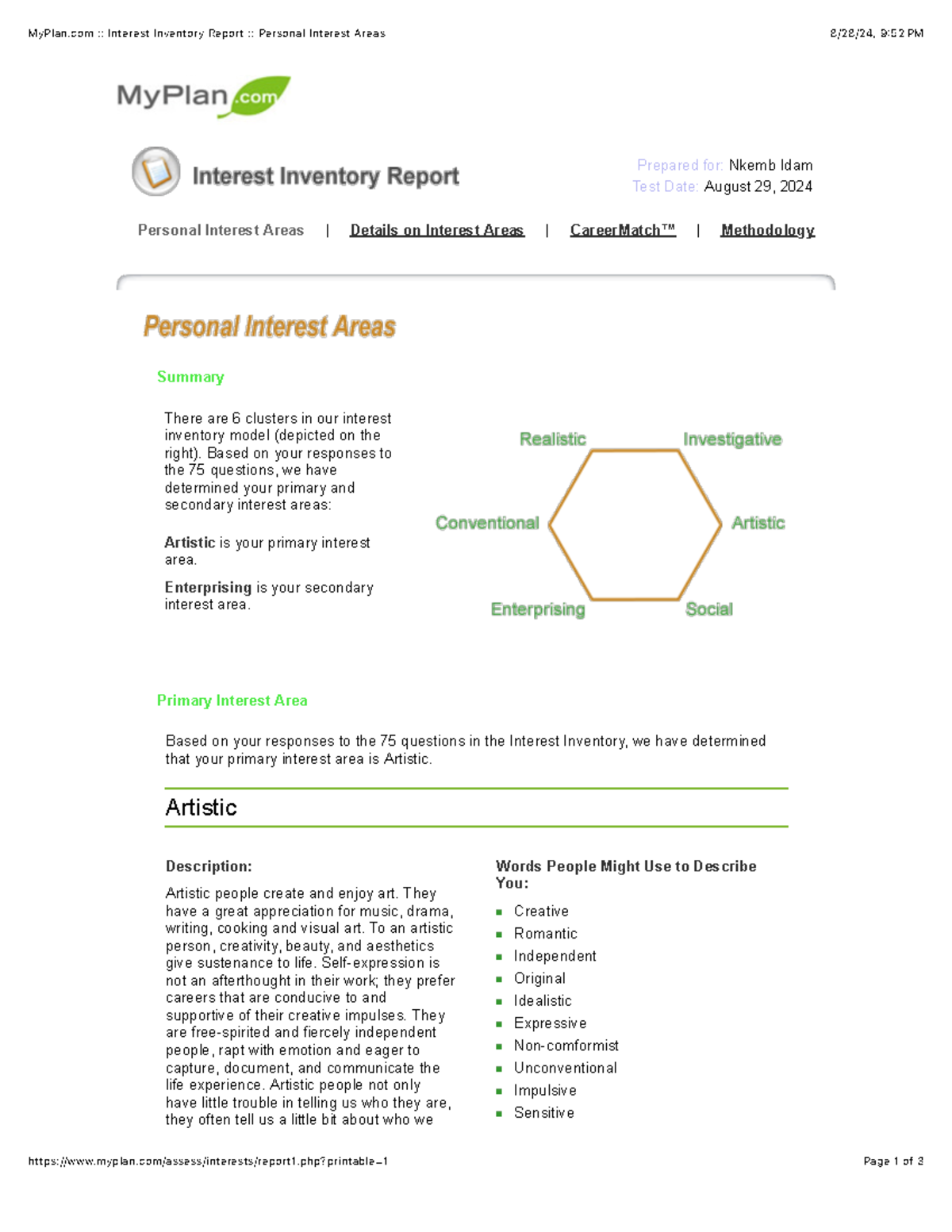 My Plan.com : Interest Inventory Report : Personal Interest Areas - php ...