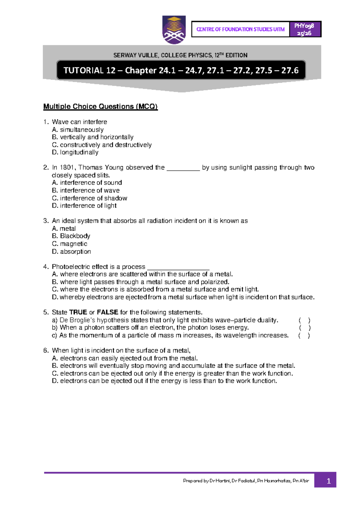 PHY098 Tutorial 12: MCQs & Structured Questions on Waves and Light ...