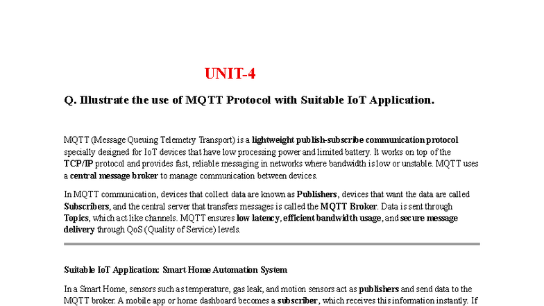 IOT Unit 4 - Notes on MQTT and LoRa Protocols in IoT Applications - Studocu