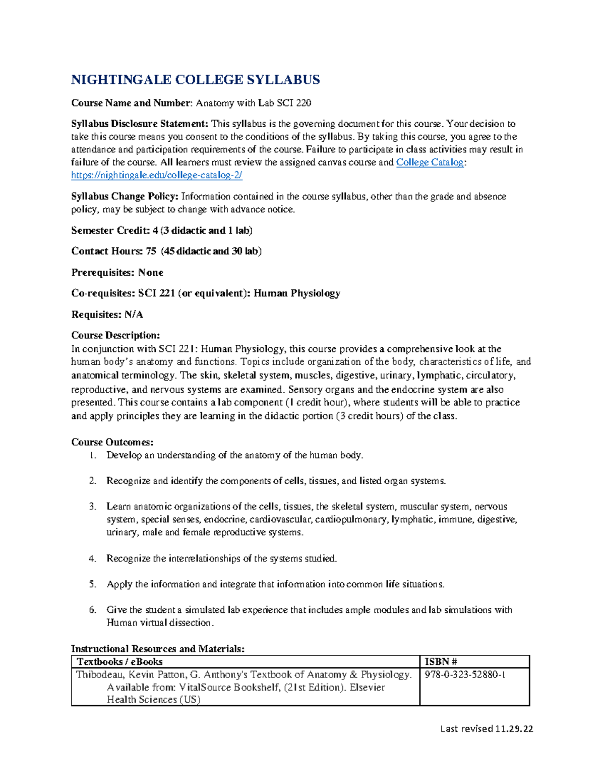 Updated SCI 220 Anatomy with Lab Syllabus - Fall Semester 2023 - Studocu