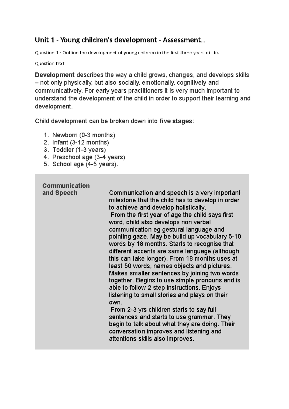 Unit 1 - Young Child Development Assessment Overview - Studocu