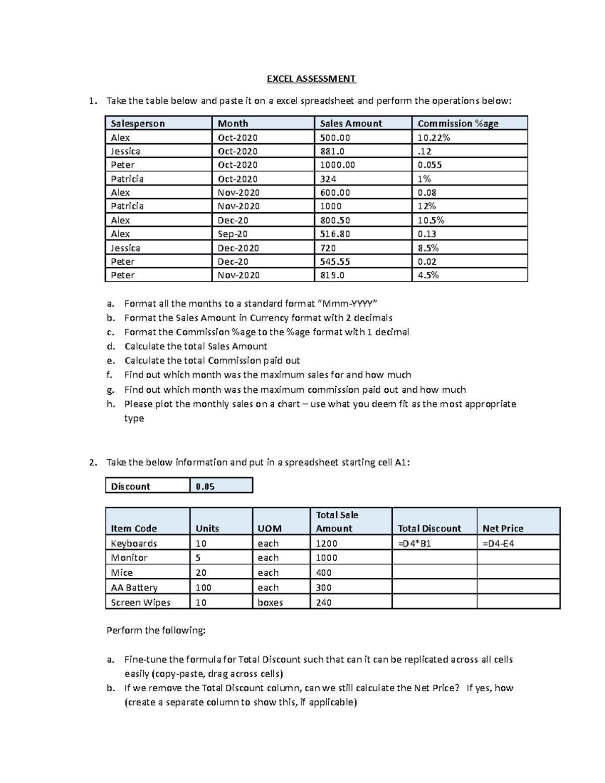 Excel Asessment - SAMPLE - EXCEL ASSESSMENT Take the table below and ...