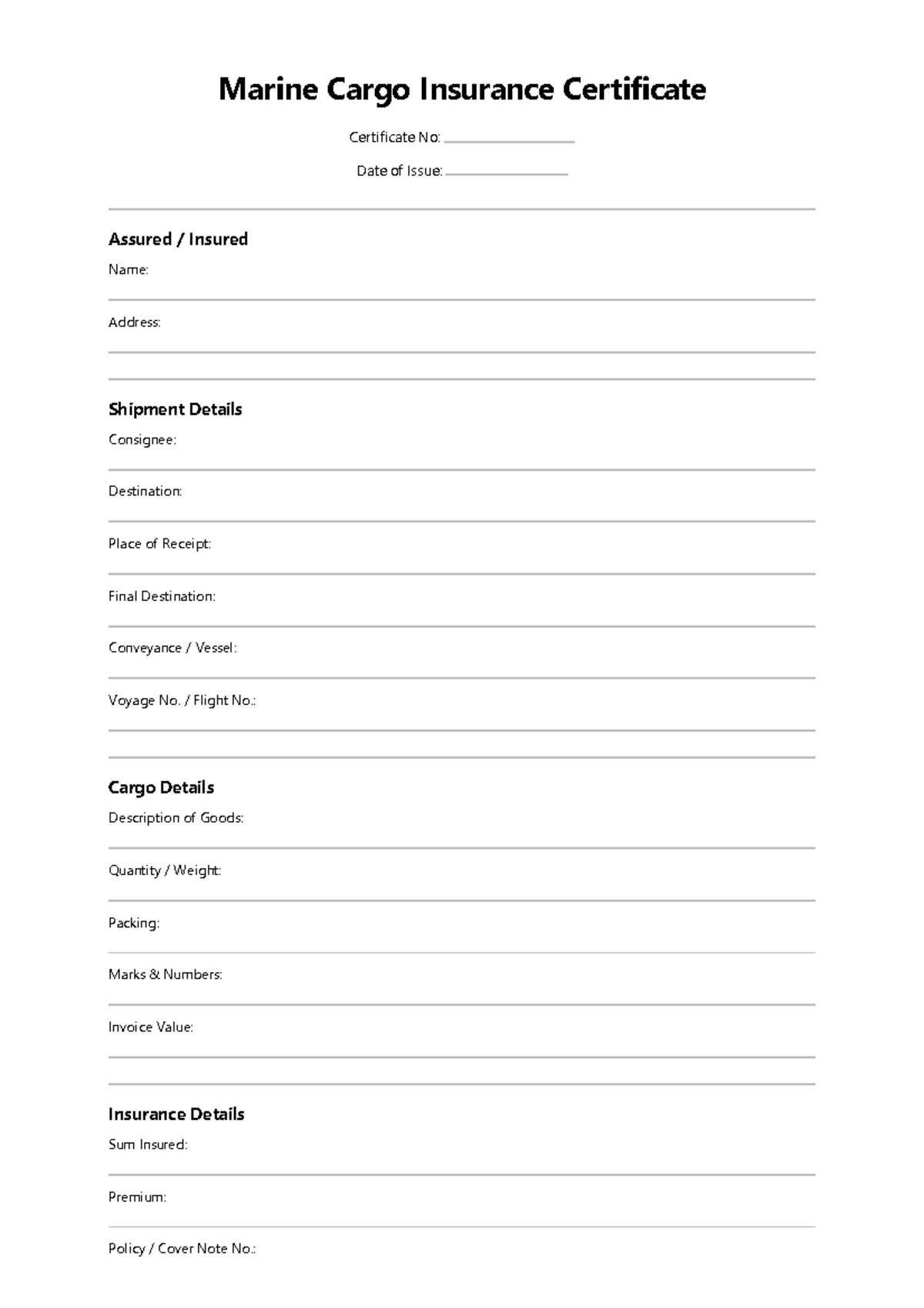 Marine cargo insurance certificate template - Marine Cargo Insurance ...