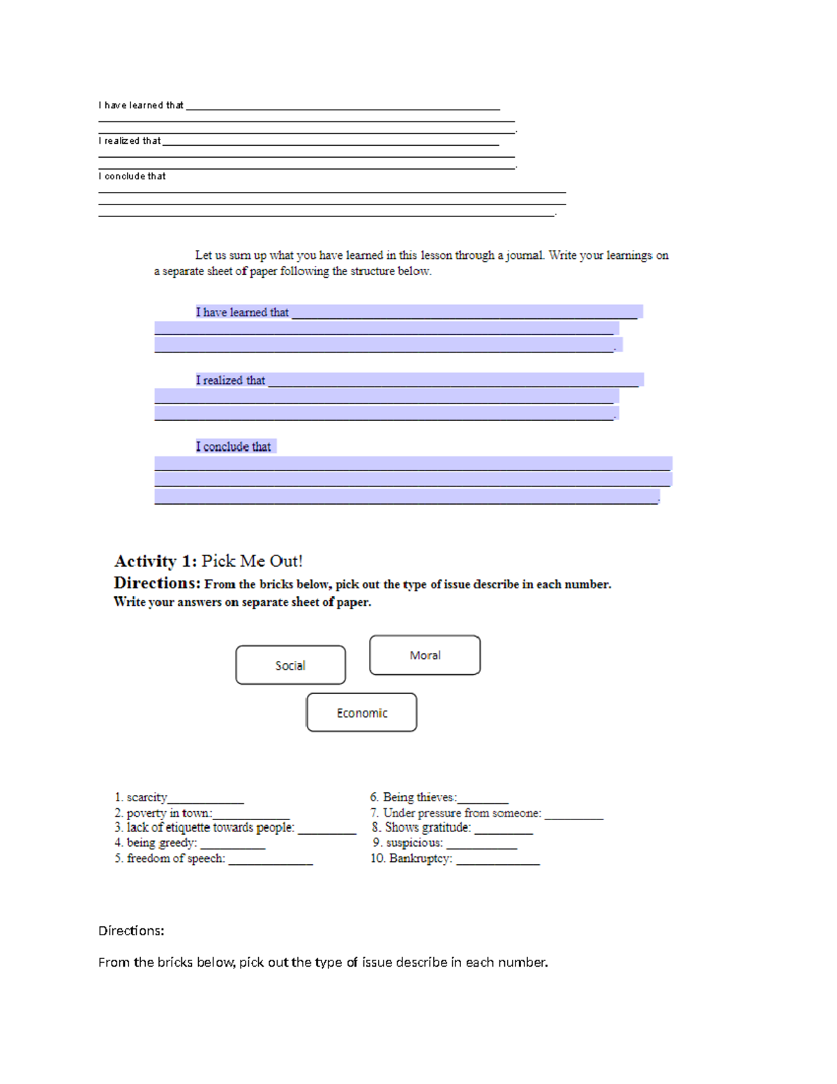 Issues activity - I have learned that