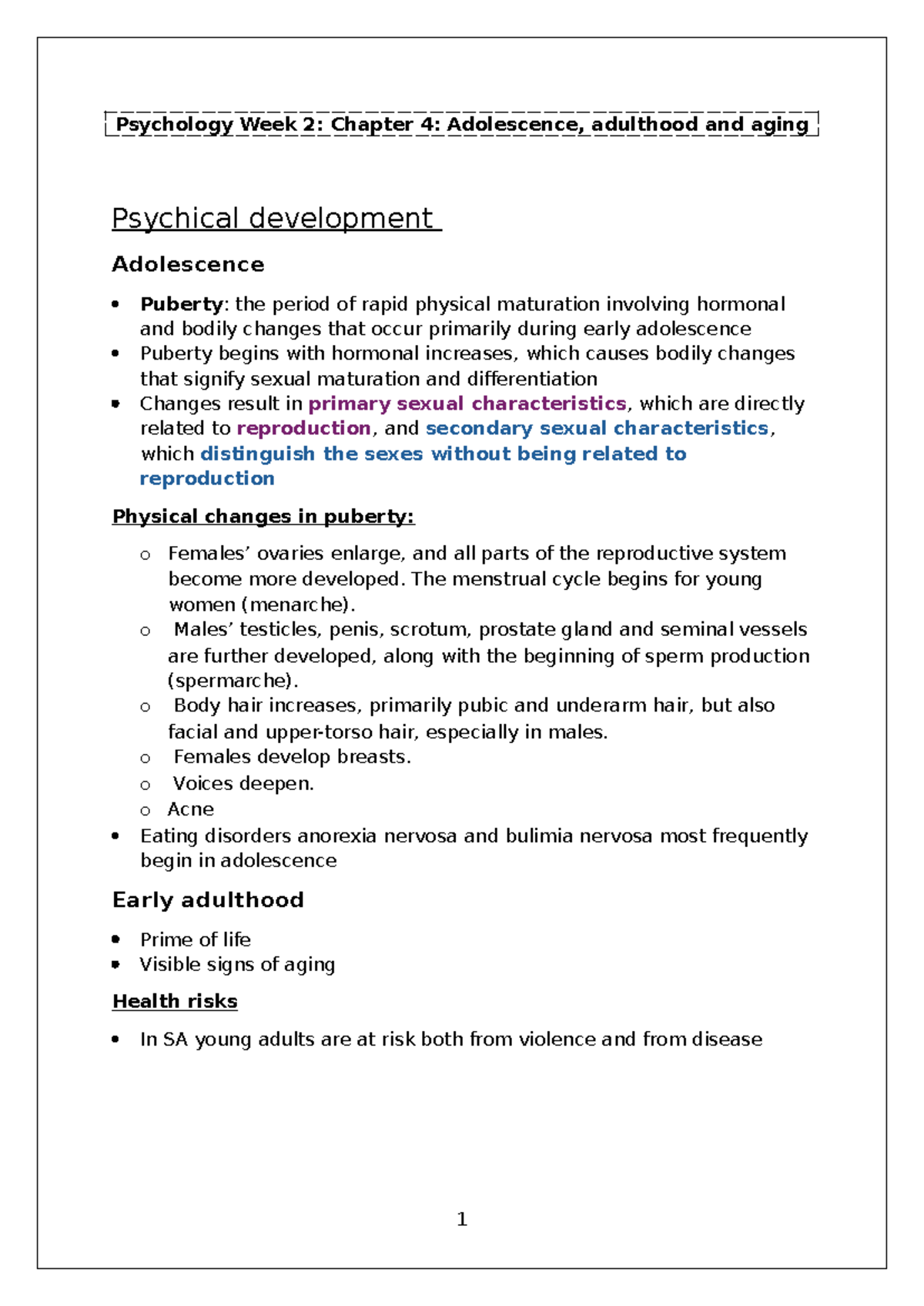 Psychology 144: Week 2 Notes on Adolescence, Adulthood, and Aging - Studocu