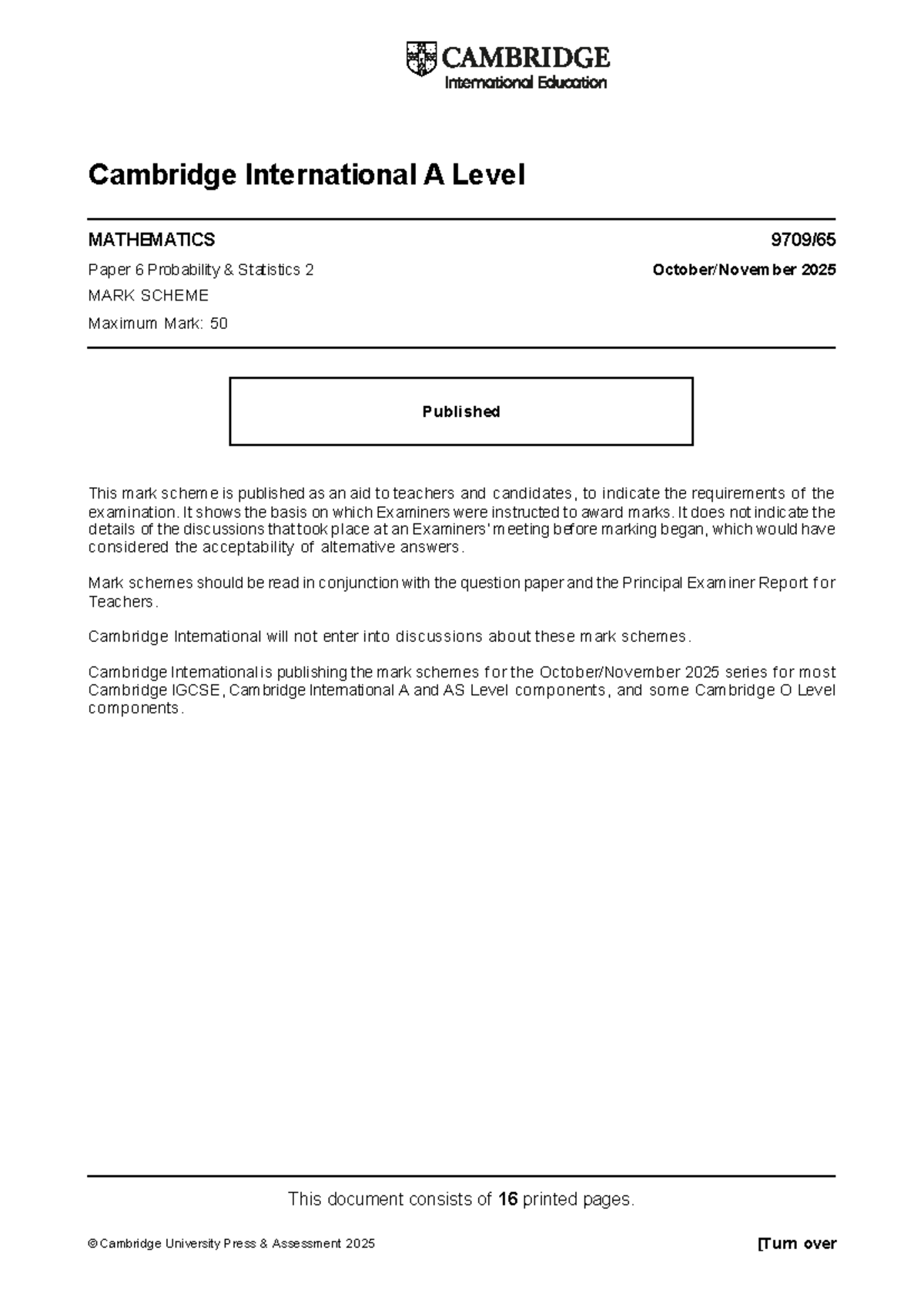 Cambridge International A Level Mathematics 9709 W25 Paper 6 Mark ...