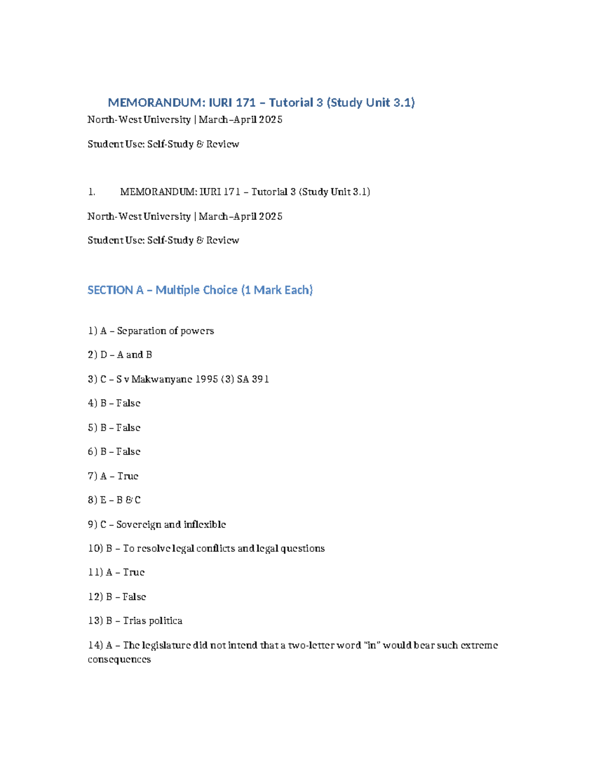 IURI 171 tutorial 3 memorandum: study unit 3.1 review notes - Studocu