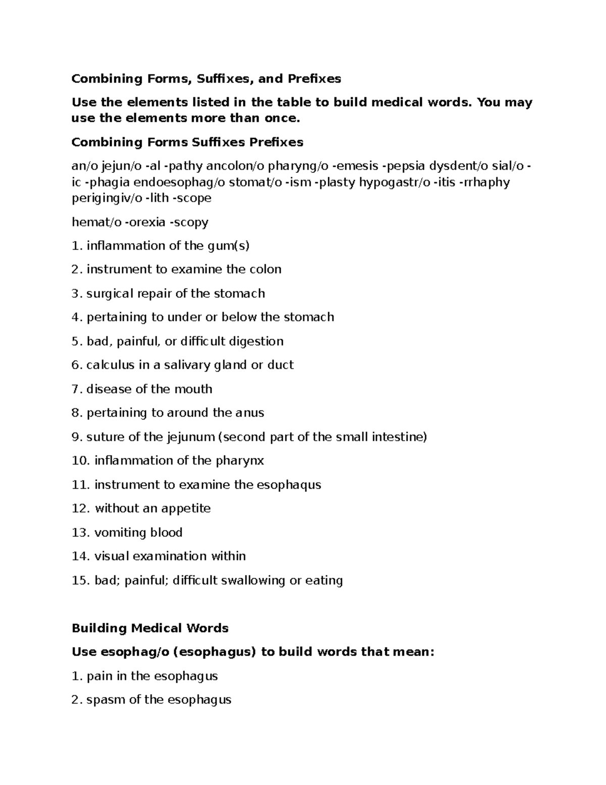 Digestive System Terms & Word Building Exercises for Med 101 - Studocu